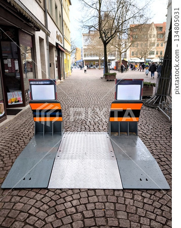 Movable steel security barriers. A modern urban security system. Movable steel security barriers. A modern urban security system. 134805031