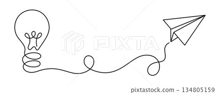 Continuous One Line Light Bulb Connected to Paper Plane Drawing, Creative Idea to Action Concept, Minimal Linear Illustration of Inspiration, Innovation, Startup Thinking, Communication and Creative Continuous One Line Light Bulb Connected to Paper Plane Drawing, Creative Idea to Action Concept, Minimal Linear Illustration of Inspiration, Innovation, Startup Thinking, Communication and Creative 134805159