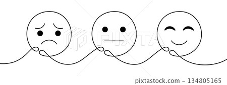 One line emotional faces showing transition from sadness to happiness. Minimalist continuous line art concept of emotional regulation, mood change, mental health balance and emotional wellbeing One line emotional faces showing transition from sadness to happiness. Minimalist continuous line art concept of emotional regulation, mood change, mental health balance and emotional wellbeing 134805165