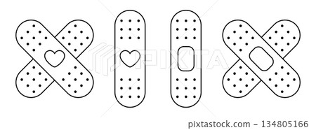 Medical bandage icons set with heart and patch symbols representing healing, care and emotional support. Minimalist line illustration concept for therapy, health care, recovery and compassion 134805166
