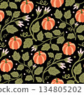 Botanical Seamless Pattern with Pumpkin and Elegant Autumn Nature Elements 134805202