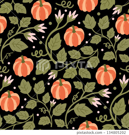 Botanical Seamless Pattern with Pumpkin and Elegant Autumn Nature Elements Botanical Seamless Pattern with Pumpkin and Elegant Autumn Nature Elements 134805202