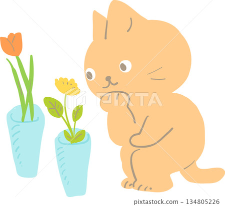 溫柔的花朵和貓咪插圖 134805226