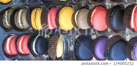 multi-colored macaroon cookies 134805252