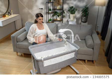 Pregnant woman sits on sofa near bedside bassinet, anticipating new arrival, preparing nursery Pregnant woman sits on sofa near bedside bassinet, anticipating new arrival, preparing nursery 134805575
