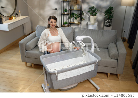 Pregnant woman sits on sofa near bedside bassinet, anticipating motherhood and preparing nursery space Pregnant woman sits on sofa near bedside bassinet, anticipating motherhood and preparing nursery space 134805585