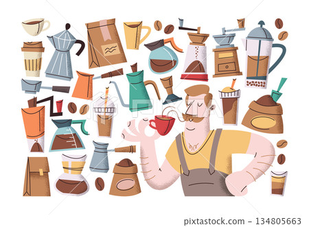 Variety of coffee-themed stickers set and satisfied man smelling freshly brewed aroma drink Variety of coffee-themed stickers set and satisfied man smelling freshly brewed aroma drink 134805663