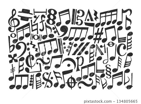 Isolated set of doodle music notes, clefs, staves and musical symbols in hand drawn sketch style Isolated set of doodle music notes, clefs, staves and musical symbols in hand drawn sketch style 134805665