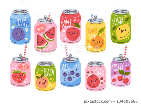 Colorful, carbonated soft soda drinks in common packaging formats isolated set on white background Colorful, carbonated soft soda drinks in common packaging formats isolated set on white background 134805666