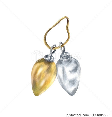 Two glass vintage Christmas tree decorations hanging on rope. Aged golden and transparent colors. Hand drawn festive toy. Watercolor clip art isolated from background. For New year design Two glass vintage Christmas tree decorations hanging on rope. Aged golden and transparent colors. Hand drawn festive toy. Watercolor clip art isolated from background. For New year design 134805669
