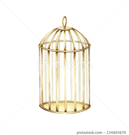 Empty golden bird cage, metallic rods. Vintage style. Round shape. Suitable as elegant candlestick with wire. Hand drawn watercolor clip art isolated from background. Aesthetics decorative element 134805670