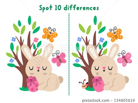 Easter find differences game for children. Spring holiday educational activity with bunny sitting with egg near blooming tree. Cute puzzle for kids. Printable worksheet, page for logic and attention Easter find differences game for children. Spring holiday educational activity with bunny sitting with egg near blooming tree. Cute puzzle for kids. Printable worksheet, page for logic and attention 134805819