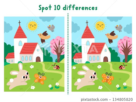 Easter find differences game for children. Spring holiday educational activity with bunny catching butterfly near church. Puzzle for kids. Printable worksheet, page with cute rural scene Easter find differences game for children. Spring holiday educational activity with bunny catching butterfly near church. Puzzle for kids. Printable worksheet, page with cute rural scene 134805820