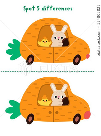 Easter find differences game for children. Spring holiday educational activity with bunny driving carrot shaped car with chick. Cute puzzle for kids. Printable worksheet, page for logic and attention 134805823