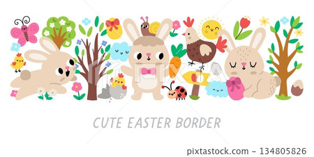Vector Easter horizontal border set with traditional characters. Card template design for banners, invitations. Cute spring holiday illustration with bunny, hatching chick, colored eggs 134805826