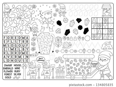 Vector black and white dwarf village placemat. Forest gnome line printable activity mat with maze, wordsearch puzzle, shadow match, find difference. Woodland elf play mat, coloring page Vector black and white dwarf village placemat. Forest gnome line printable activity mat with maze, wordsearch puzzle, shadow match, find difference. Woodland elf play mat, coloring page 134805835