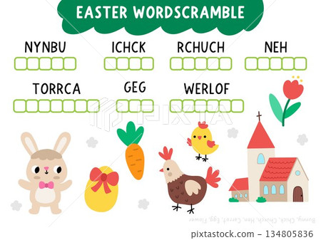 Vector Easter word scramble activity page. English language game with bunny, colored egg, hen, chicken, church, tulip flower for kids. Spring holiday family quiz, printable worksheet Vector Easter word scramble activity page. English language game with bunny, colored egg, hen, chicken, church, tulip flower for kids. Spring holiday family quiz, printable worksheet 134805836
