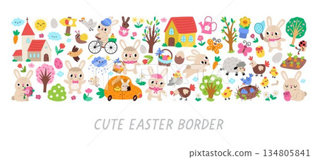 Vector Easter horizontal border set with traditional symbols, bunny, chick, colored egg. Card template design for banners, invitations. Cute spring holiday illustration with church, trees, sun 134805841