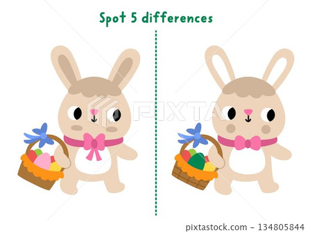 Easter find differences game for children. Spring holiday educational activity with bunny going with colored egg basket. Cute puzzle for kids. Printable worksheet, page for logic and attention Easter find differences game for children. Spring holiday educational activity with bunny going with colored egg basket. Cute puzzle for kids. Printable worksheet, page for logic and attention 134805844