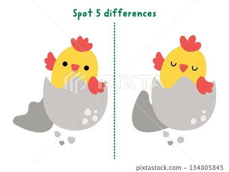 Easter find differences game for children. Spring holiday educational activity with hatching chick waving wing from egg. Cute puzzle for kids. Printable worksheet, page for logic and attention Easter find differences game for children. Spring holiday educational activity with hatching chick waving wing from egg. Cute puzzle for kids. Printable worksheet, page for logic and attention 134805845
