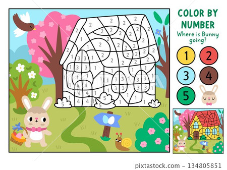 Vector Easter color by number activity with bunny going home with colored background. Spring holiday black and white counting, colouring game, coloring page for kids with blooming garden scene Vector Easter color by number activity with bunny going home with colored background. Spring holiday black and white counting, colouring game, coloring page for kids with blooming garden scene 134805851