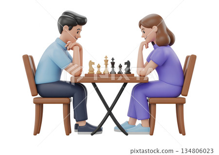 3d cartoon couple playing a focused game of chess on a wooden table, representing strategy, competition and intellectual connection 134806023