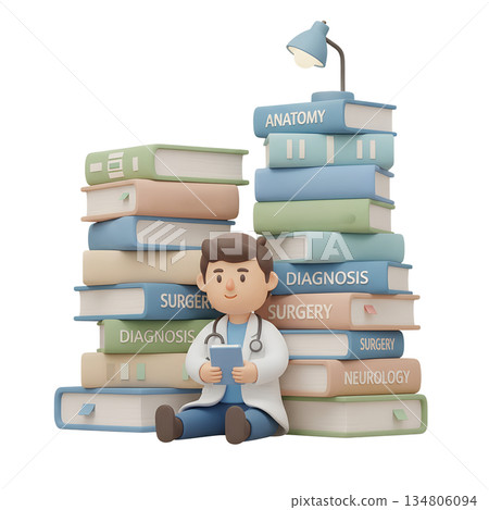 Cute 3d cartoon medical student studying late at night, surrounded by large books with a glowing lamp, representing hard work, education, and dedication 134806094
