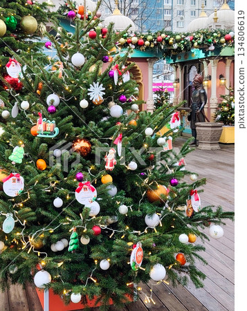 Decorated Christmas Tree with Charity Cards at Indian-Style Moscow Fair Decorated Christmas Tree with Charity Cards at Indian-Style Moscow Fair 134806619