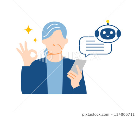 一位面帶笑容的老婦人正在使用智慧型手機上的人工智慧技術進行操作。扁平化設計。 一位面帶笑容的老婦人正在使用智慧型手機上的人工智慧技術進行操作。扁平化設計。 134806711