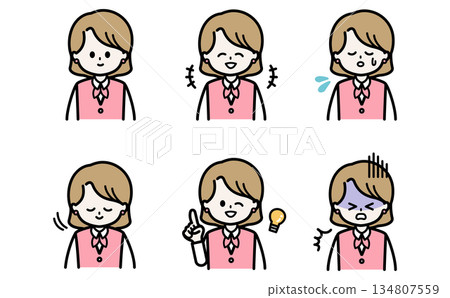 商務女性臉部表情插圖集，包含多種情緒變化，可用於客戶服務、解釋說明和文件插圖。 134807559