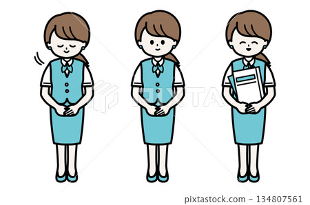 一位女士正在引導的插圖。一套向量插圖，描繪了禮貌的鞠躬姿勢，適用於接待和辦公室。 134807561