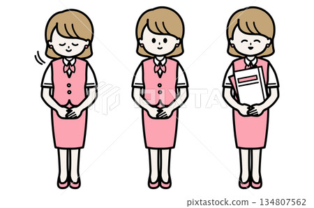 Illustration of a gentle woman giving directions. A vector illustration set of a polite bowing pose for reception and office work. Illustration of a gentle woman giving directions. A vector illustration set of a polite bowing pose for reception and office work. 134807562