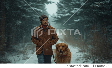Man and his dog are walking through a snowy forest 134808422
