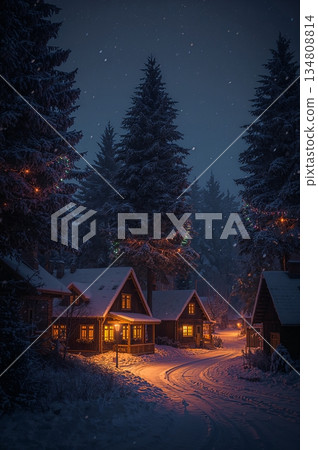 Small village with houses and trees covered in snow Small village with houses and trees covered in snow 134808814