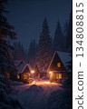 Cozy cabin in the woods with a warm glow from the lights 134808815
