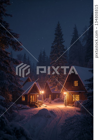 Cozy cabin in the woods with a warm glow from the lights Cozy cabin in the woods with a warm glow from the lights 134808815