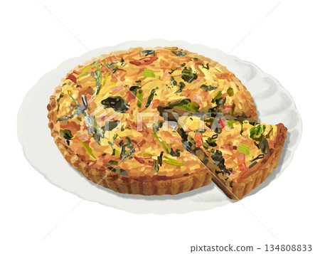 Spinach and bacon quiche (cut) with plate 134808833