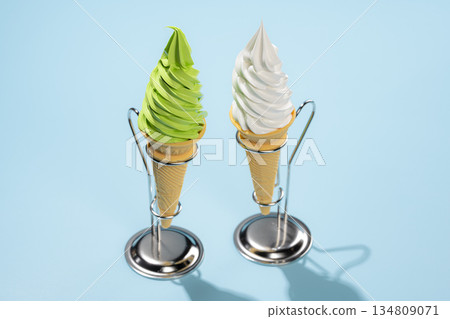 Matcha and vanilla soft serve ice cream cones standing against a light blue background Matcha and vanilla soft serve ice cream cones standing against a light blue background 134809071