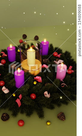 Advent Wreath Candle Holder, A warm 3D render ad image of advent wreath candle holder, ring with flickering flames in glow, perfect for holiday tradition campaign or festive spirit documentary. Advent Wreath Candle Holder, A warm 3D render ad image of advent wreath candle holder, ring with flickering flames in glow, perfect for holiday tradition campaign or festive spirit documentary. 134809088
