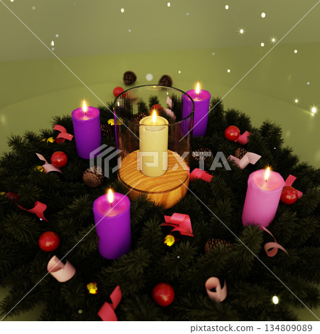 Advent Wreath Candle Holder, A warm 3D render ad image of advent wreath candle holder, ring with flickering flames in glow, perfect for holiday tradition campaign or festive spirit documentary. 134809089