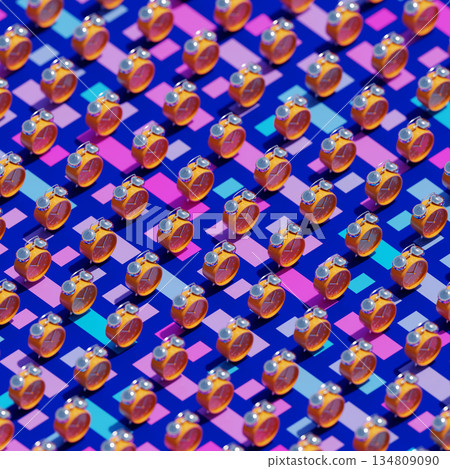 Alarm Clock Seamless Pattern, A vibrant 3D rendered image of alarm clock seamless pattern, colorful clocks repeating in playful grid, perfect for a productivity wallpaper or timeless design. 134809090