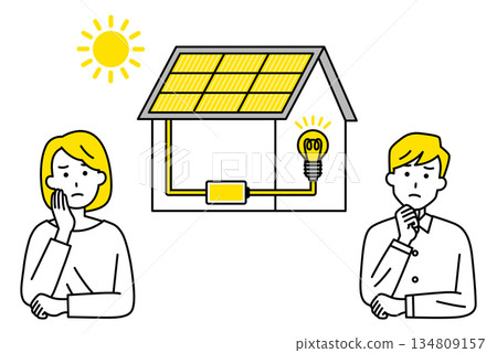 A young couple considering a solar-powered house using solar panels 134809157