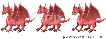 一條側躺的紅色巨龍，雙翼展開，臉部表情各異。 134809185