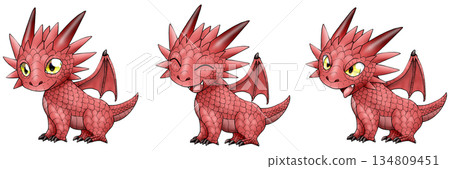 A baby red dragon with outstretched wings, side view, with a set of facial expression variations. 134809451