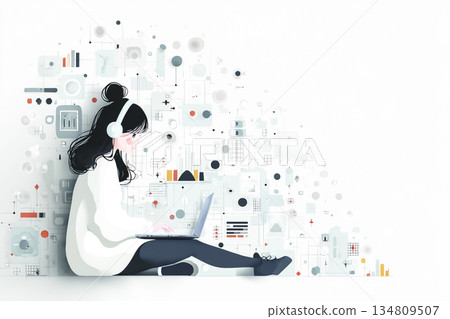 一幅高中女生在筆記型電腦上學習人工智慧的扁平化插畫 134809507