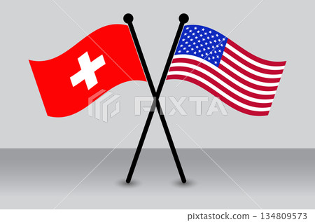 Crossed Flags of Switzerland and America. Swiss and USA Waving Flags Flat Style. Official Proportion. Crossed Flags of Switzerland and America. Swiss and USA Waving Flags Flat Style. Official Proportion. 134809573