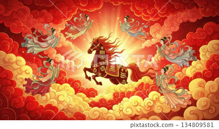 Auspicious decorative design Chinese New Year (Year of the Horse) background image vector illustration 134809581