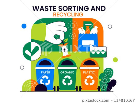 Waste Sorting and Recycling Concept Vector Illustration Showing Sustainable Environmental Management And Eco Friendly Practices in a Background Waste Sorting and Recycling Concept Vector Illustration Showing Sustainable Environmental Management And Eco Friendly Practices in a Background 134810167