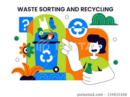 Waste Sorting and Recycling Concept Vector Illustration Showing Sustainable Environmental Management And Eco Friendly Practices in a Background Waste Sorting and Recycling Concept Vector Illustration Showing Sustainable Environmental Management And Eco Friendly Practices in a Background 134810168