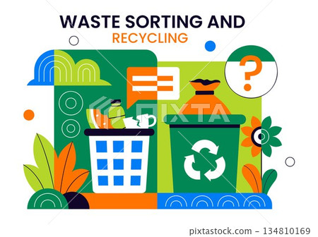 Waste Sorting and Recycling Concept Vector Illustration Showing Sustainable Environmental Management And Eco Friendly Practices in a Background Waste Sorting and Recycling Concept Vector Illustration Showing Sustainable Environmental Management And Eco Friendly Practices in a Background 134810169
